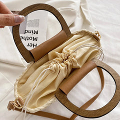 Straw Tote Bag Drawstring Closure Wooden Handle Beach Shoulder Bag
