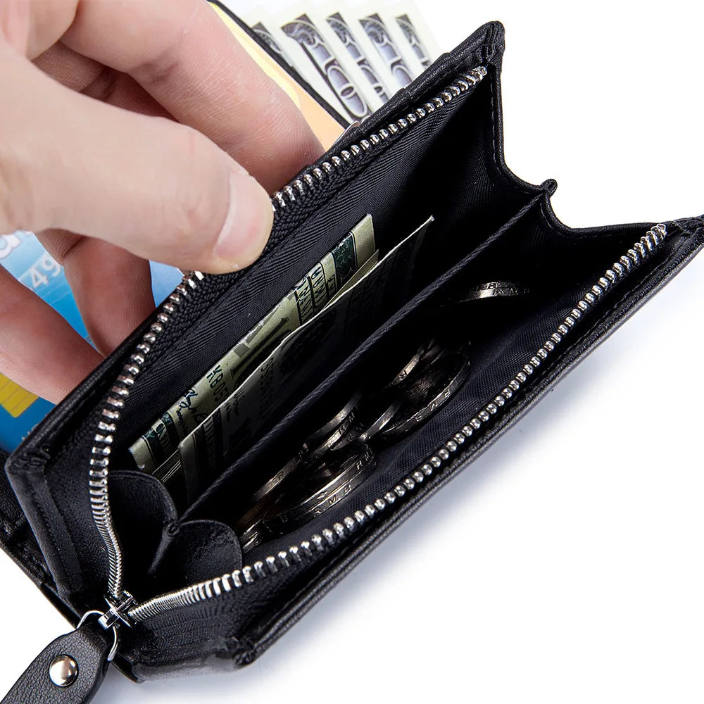 Men's Cow Leather Zipper Wallet RFID Blocking Short Wallet