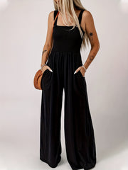  Casual Jumpsuit Women's PlusSolid Shirred Pocketed Wide Leg Tank Jump