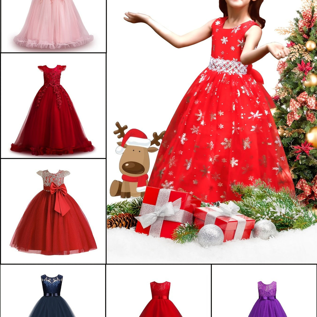 Girls Christmas Snow Graphic Mesh Tulle Maxi Dress