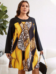  Colorblock Leopard Print Long Sleeve Tee Dress