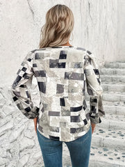 Geometric Print Tie Dye Lantern Sleeve V Neck Blouse