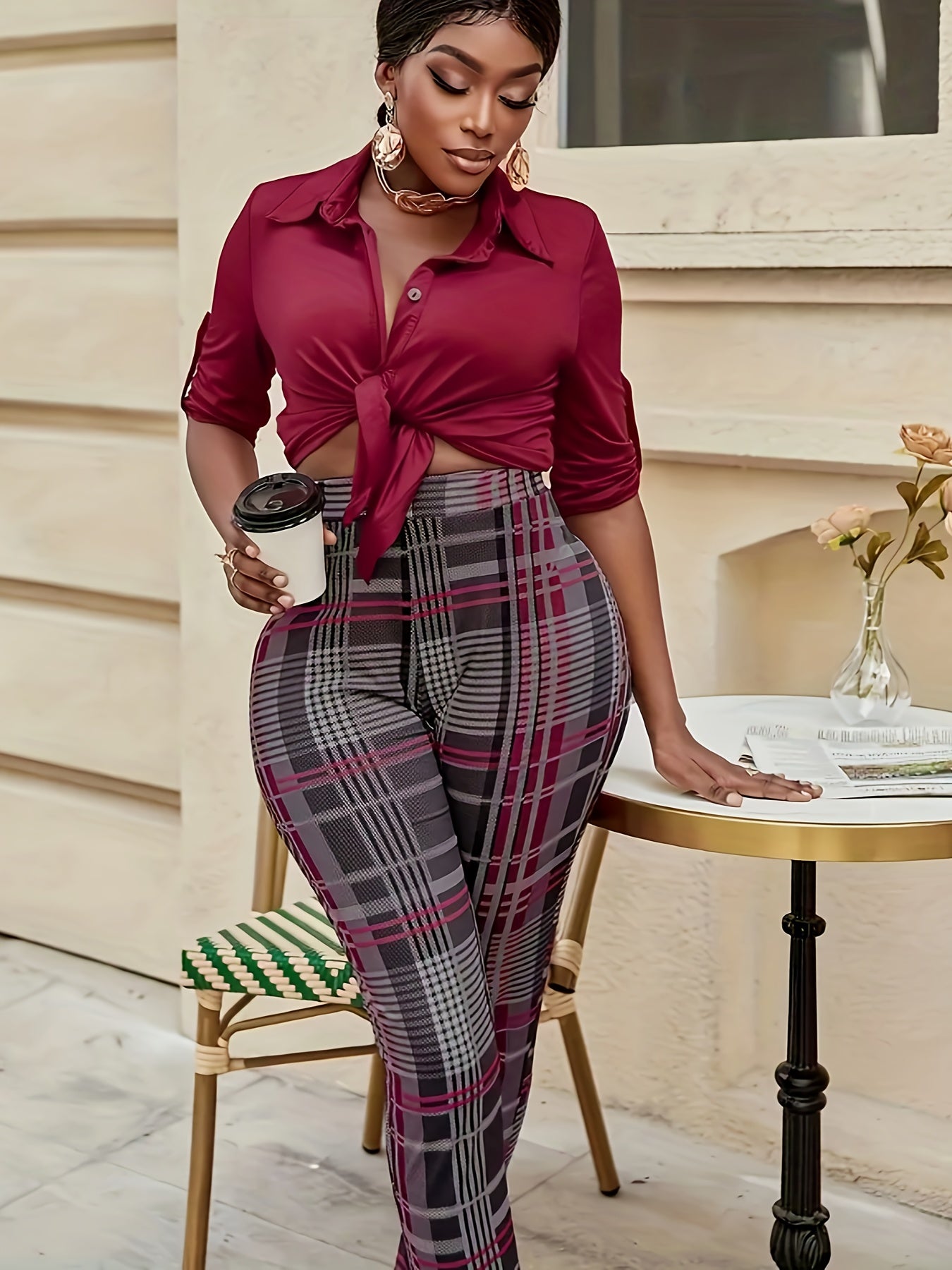  Plaid Print High Rise Skinny Trousers