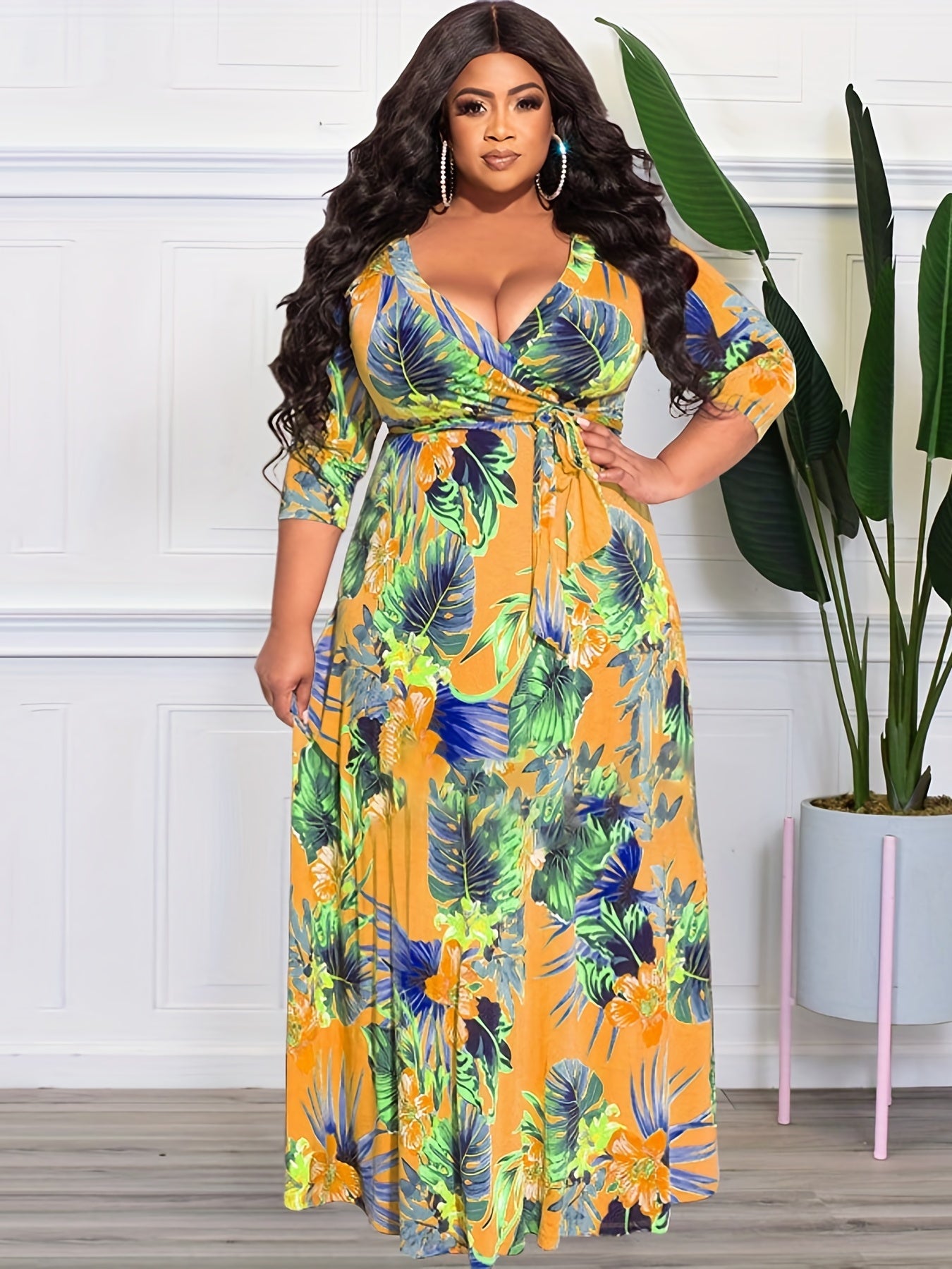 Women's Plus Tropical Print V Neck Maxi Dress