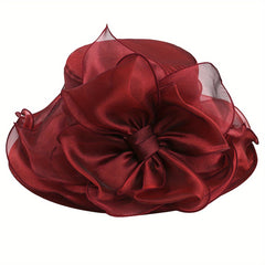 Red Organza Derby Hat Flower Decor Mesh Bucket Hat