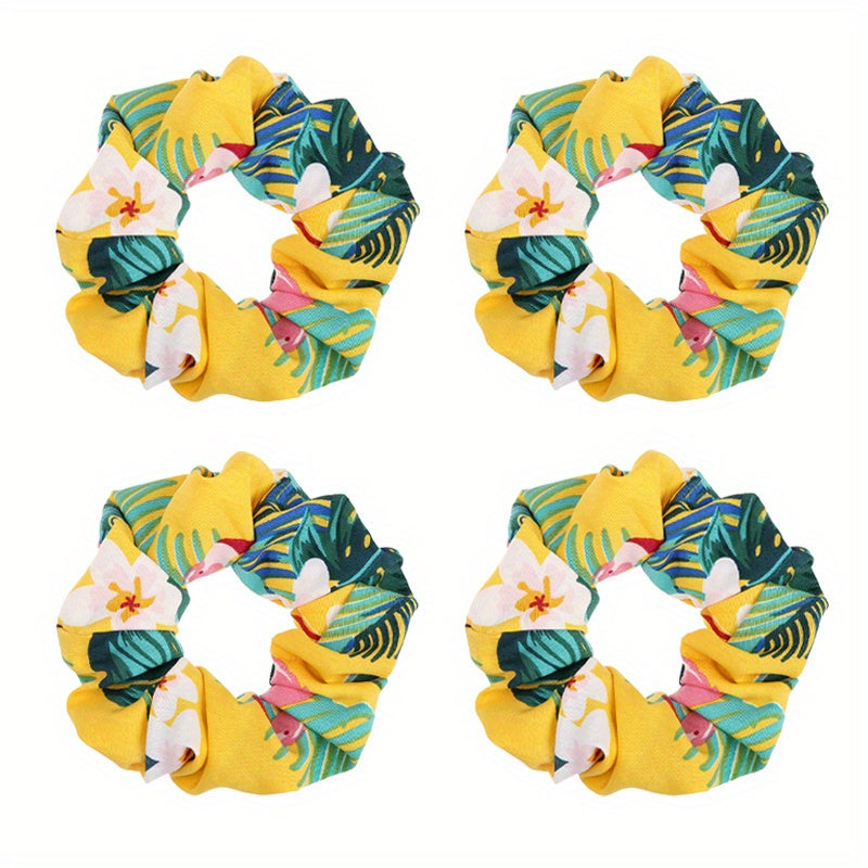 4pcs Boho Print Leaf Flower Hair Scrunchies Soft Fabric for Women Girls