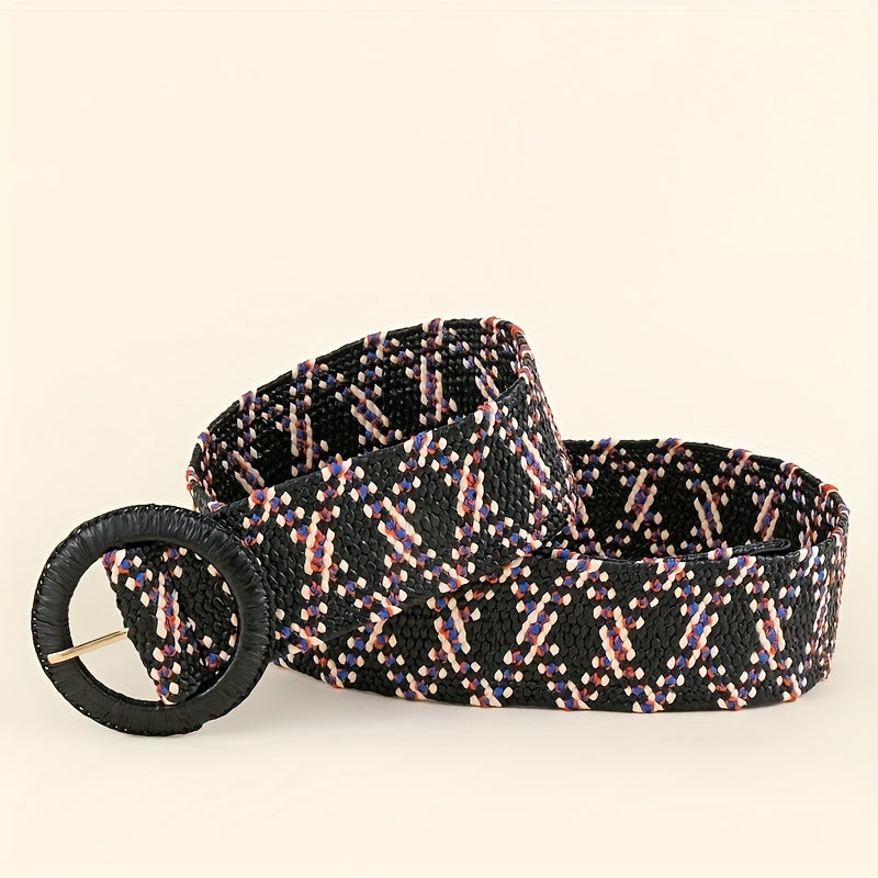 Vintage Braided Straw Belt with Round Buckle for Women