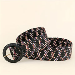 Vintage Braided Straw Belt with Round Buckle for Women