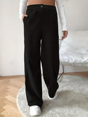  Solid Ribbed Button Fly High Rise Wide Leg Trousers