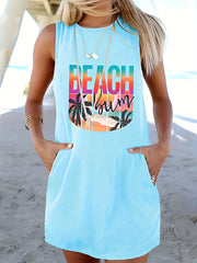  Beach Print Tank Dress With Pockets