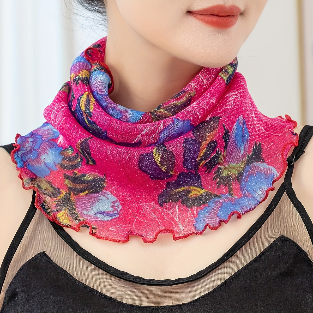 Flower Print Scarf Rose Red Ruffles Thin Breathable Gauze Neck Gaiter
