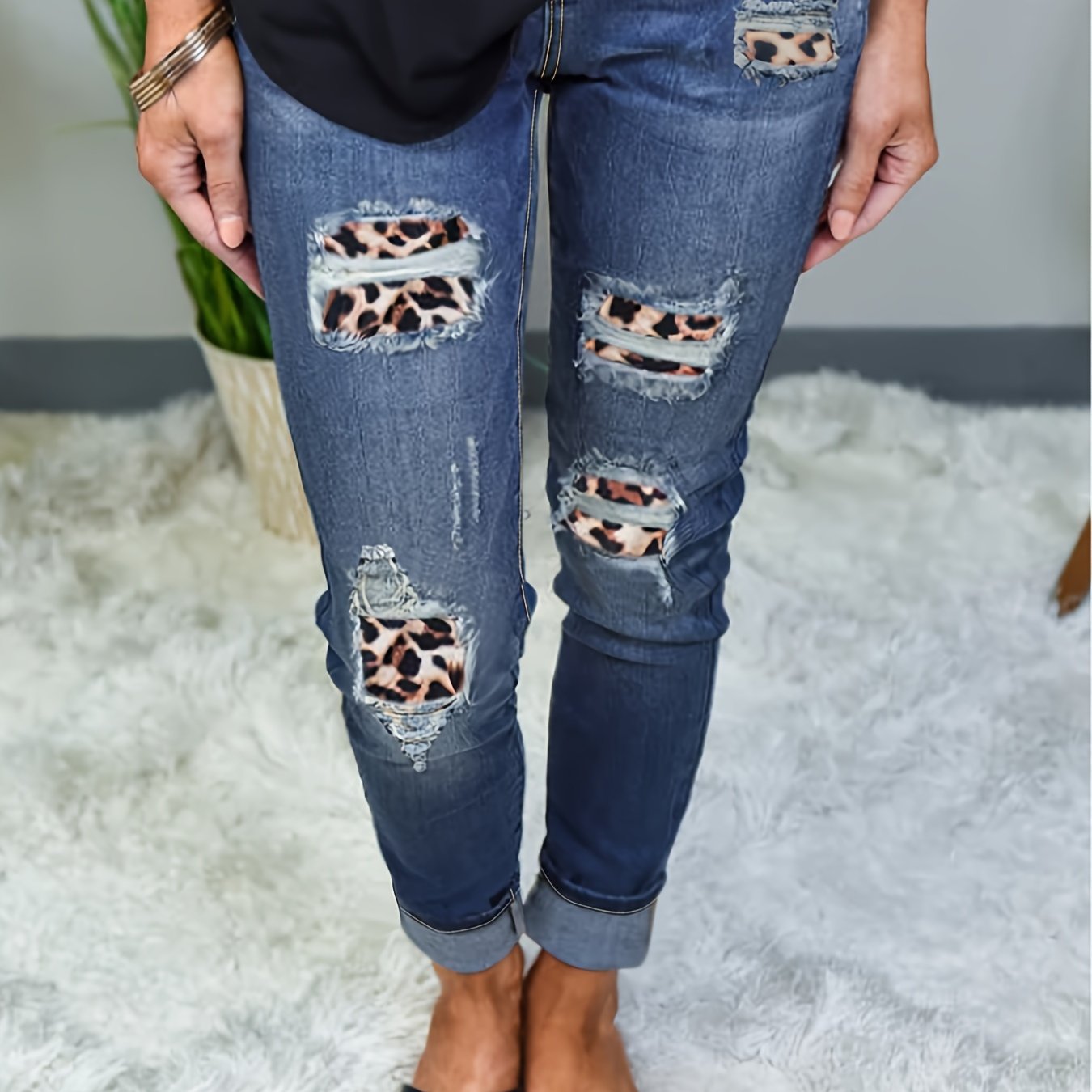 Women's Plus Leopard Print Washed Ripped Button Fly Jeans
