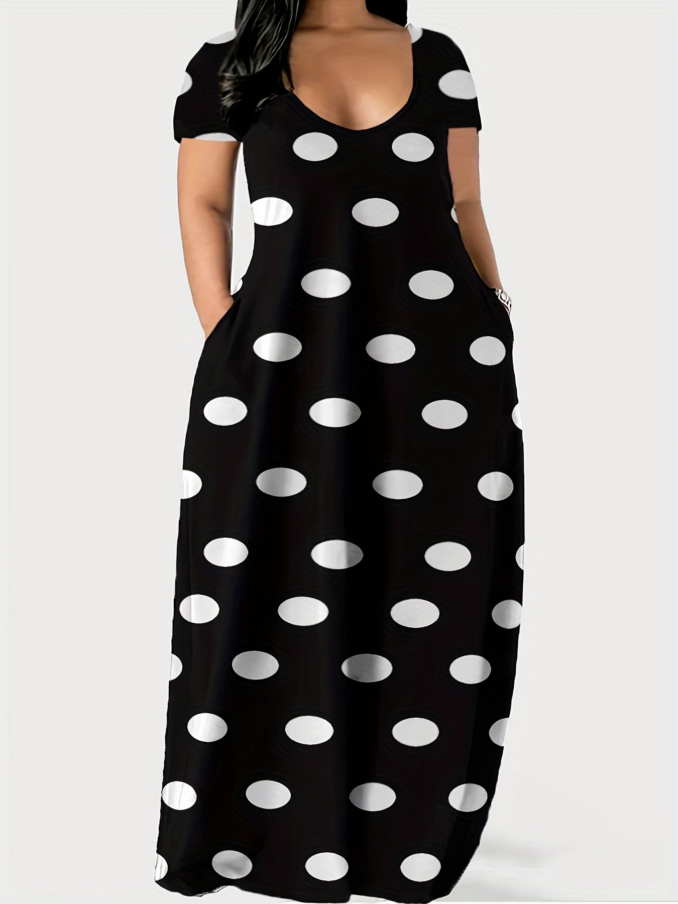  Polka Dot Print Short Sleeve Maxi Dress With Pockets