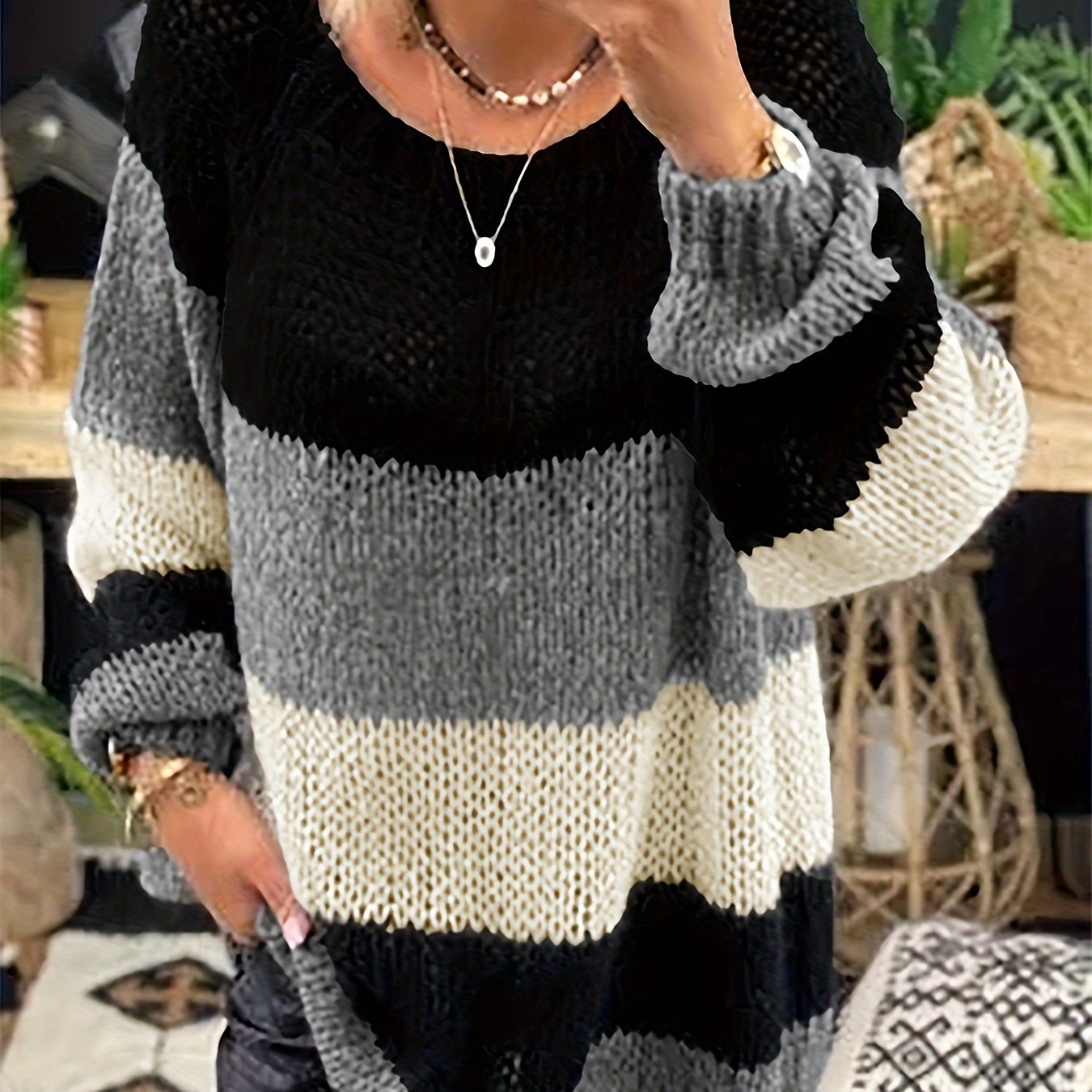  Colorblock Sweater Round Neck Jumper