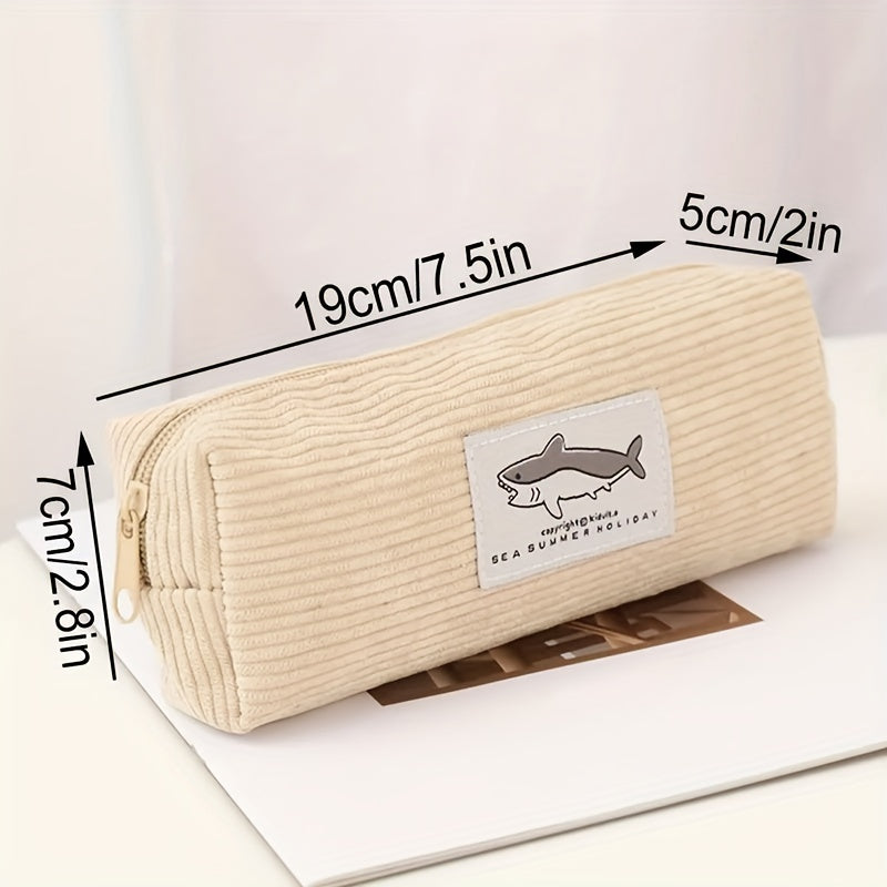 Shark Corduroy Pencil Case Large Capacity Makeup Bag