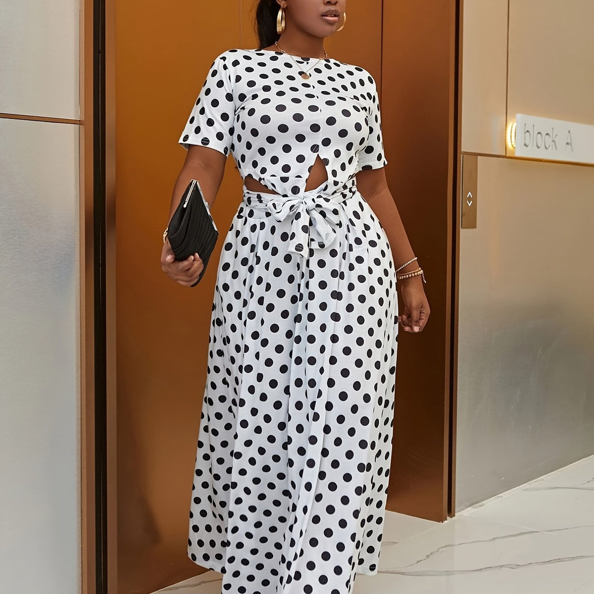  Polka Dot Print Knot Front Crop Top & Maxi Skirt Set