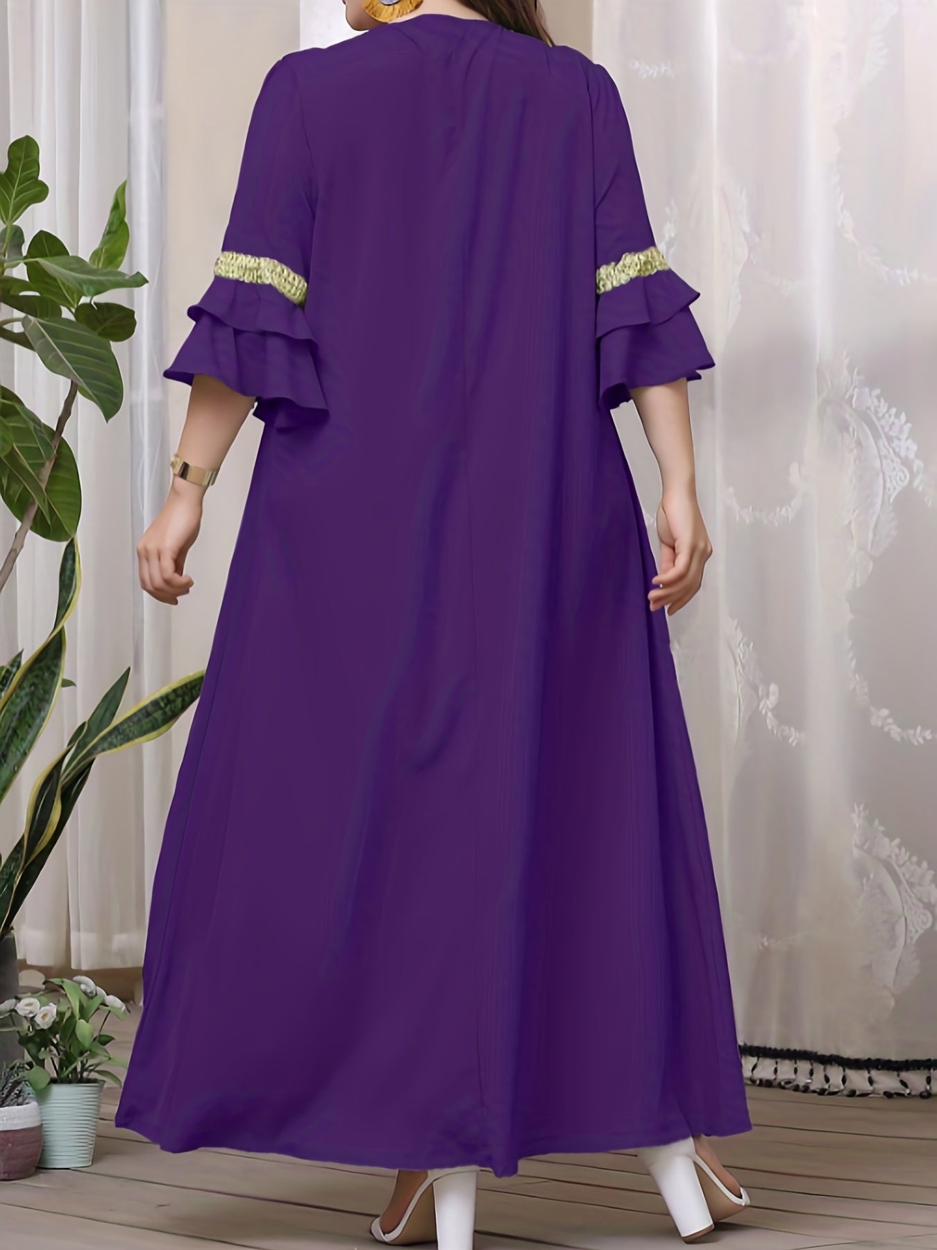  Abaya Dress Women's Plus Contrast Lace Panel Layered Sleeve V Neck Jal