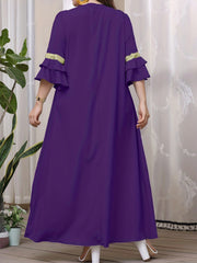  Abaya Dress Women's Plus Contrast Lace Panel Layered Sleeve V Neck Jal