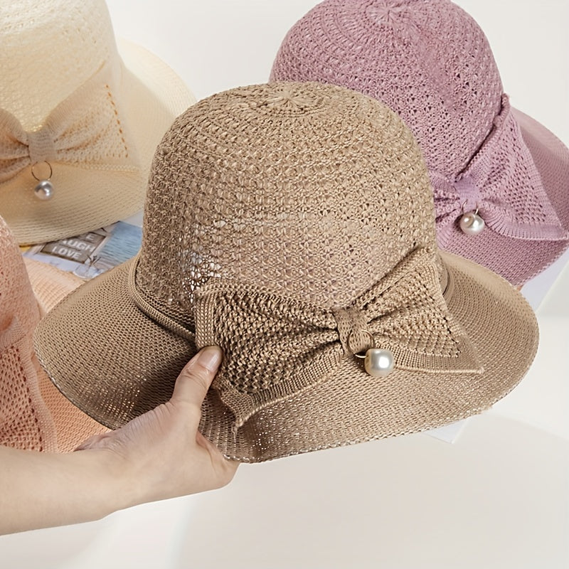 Bowknot Bucket Hat Wide Brim Crochet Sunscreen Fedora Cap