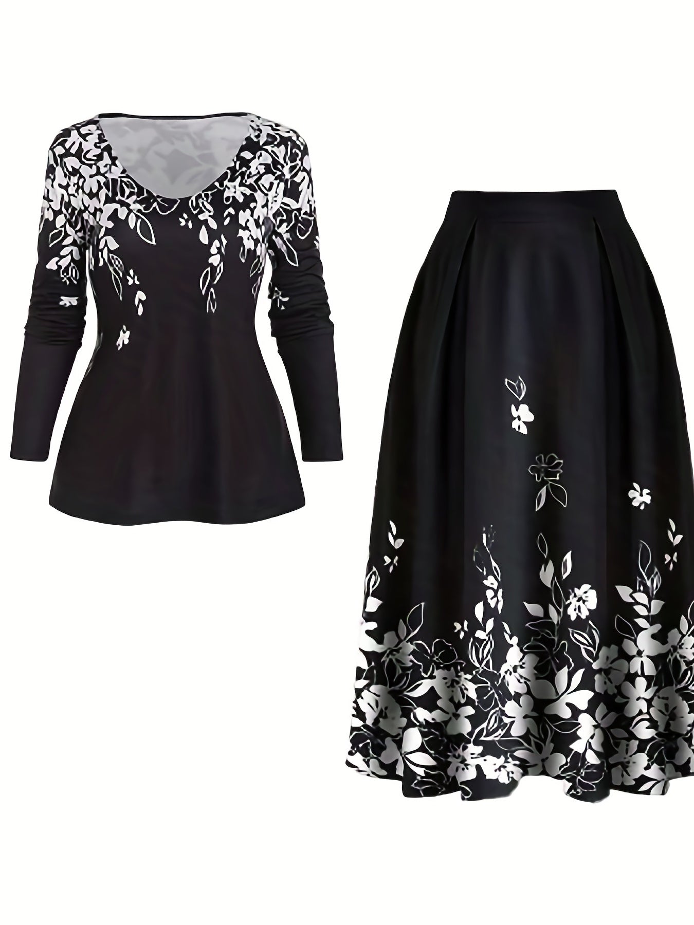  Floral Print Long Sleeve V Neck Top & Skirt 2 Piece Set