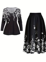  Floral Print Long Sleeve V Neck Top & Skirt 2 Piece Set