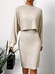 Ribbed Two-Piece Set Mock Neck Drop Shoulder Tops & Bag Hip Midi Skirts