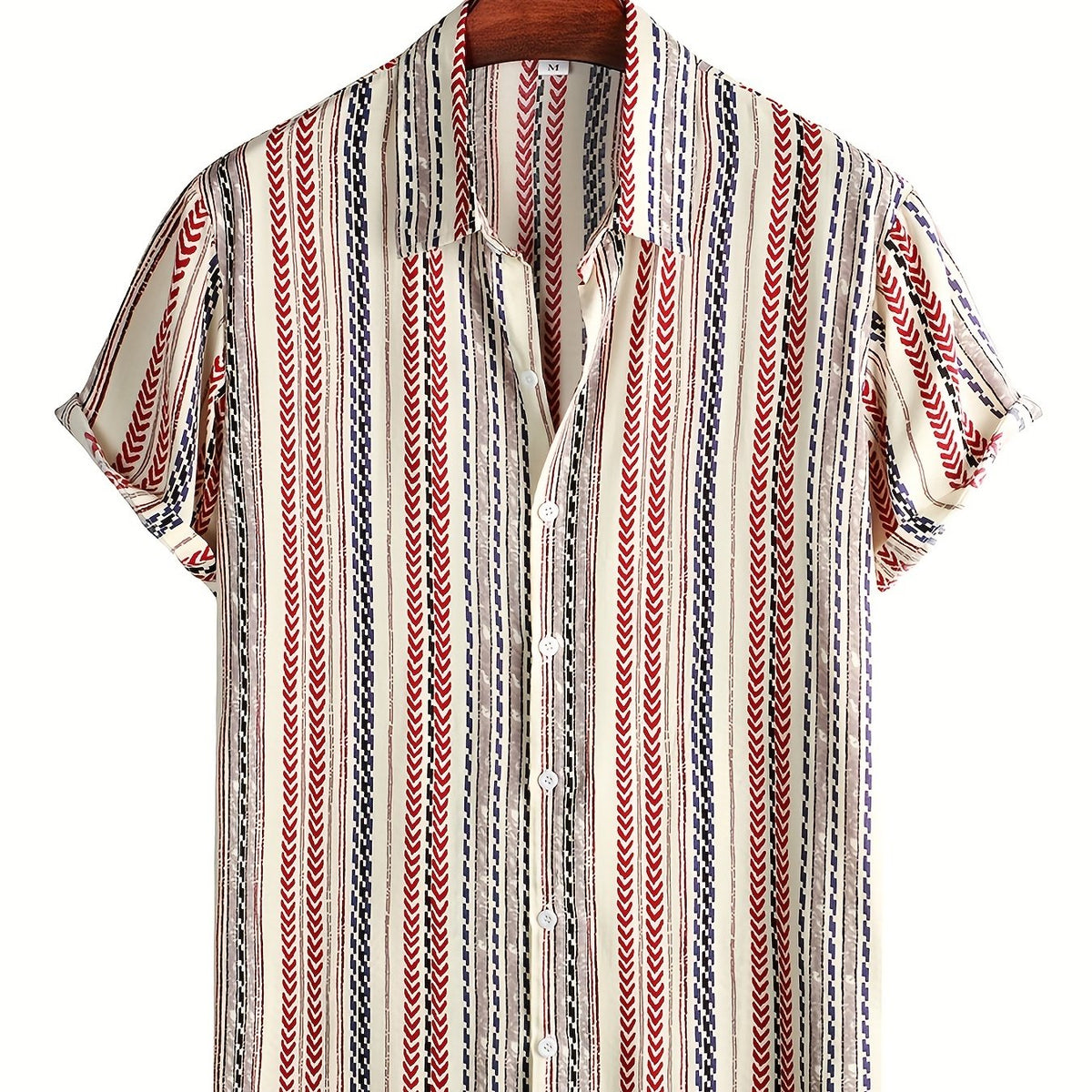 Men's Vintage Lapel Shirt Button Up Short Sleeve with Stripes & Graphics