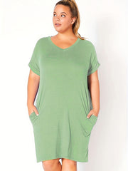  Casual Dress Women's Plus Solid Batwing Sleeve V Neck Slight Stretch