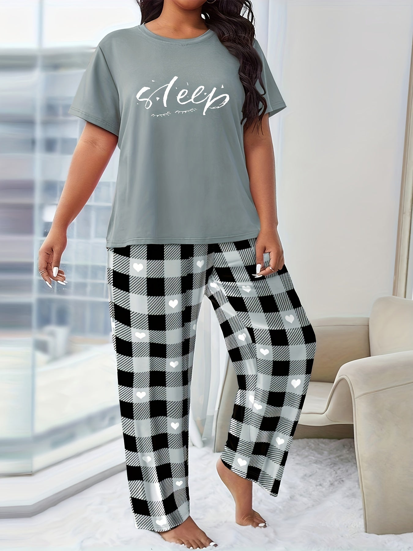  Casual Lounge Set Women's Plus Letter & Eyelash Print Tee & Heart Plai