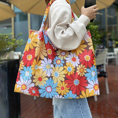 Flower Print Nylon Tote Bag Reusable Grocery Shopping Bag