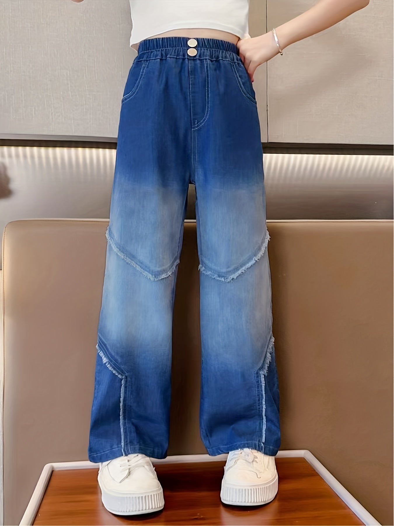 Stylish Gradient & Raw Trim Jeans Wide Leg Trousers