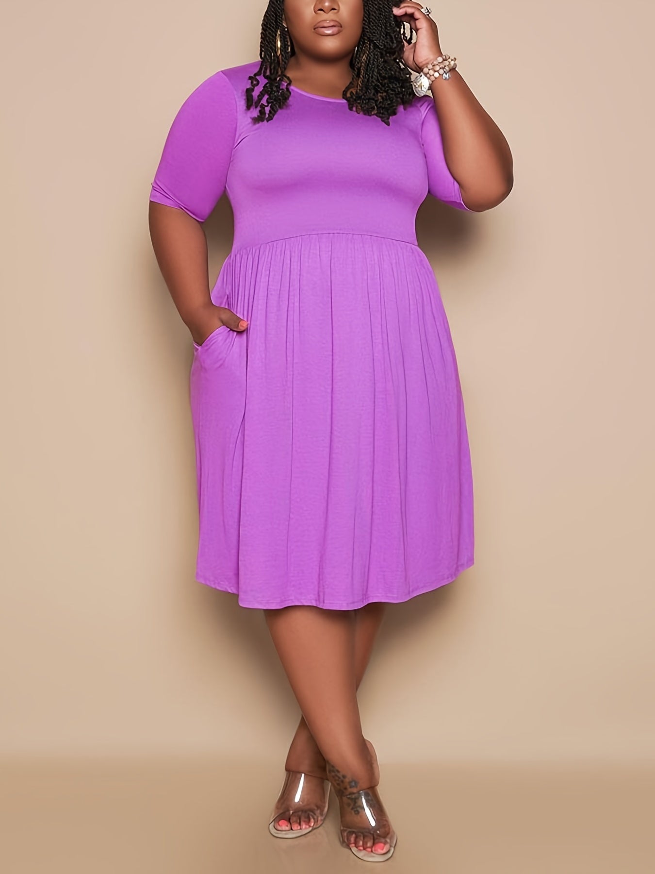  Solid Short Sleeve Smock Midi Dress