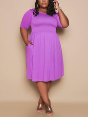  Solid Short Sleeve Smock Midi Dress