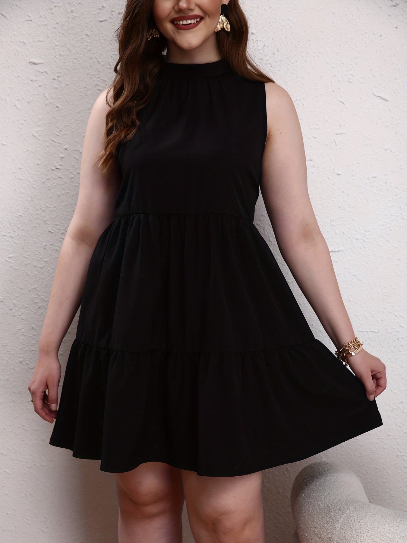 Casual Tank Dress Women's Plus Solid Halter Neck Keyhole Back Mini