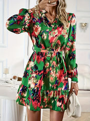  Boho Tie Dye Lantern Sleeve Ruffle Mini Dress