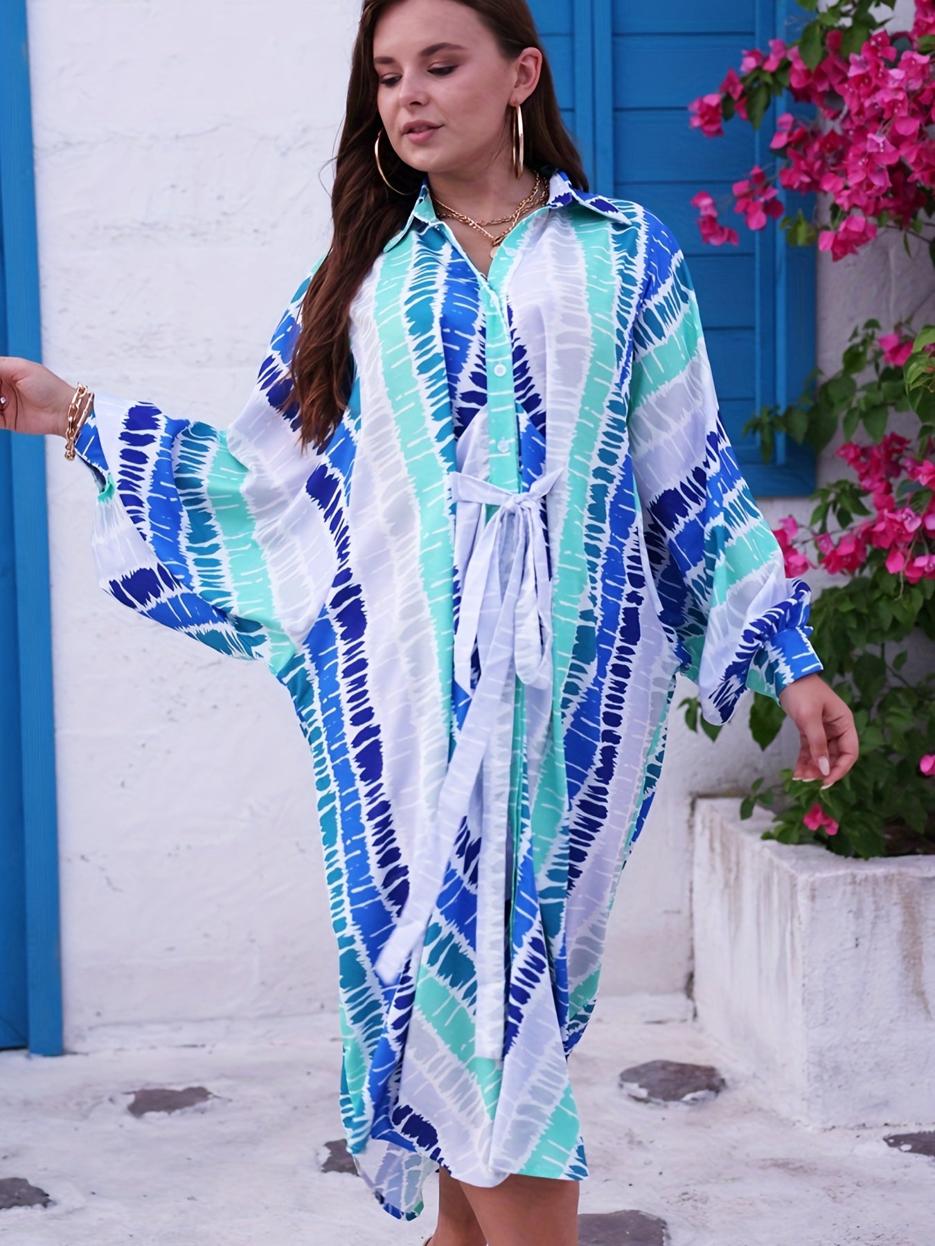 Women's Plus Tie Dye Bat Sleeve Button Up Oversized Maxi Dress