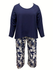  2 Piece Set Solid Top & Floral Print Pants Outfit
