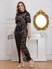  Contrast Lace Puff Sleeve Maxi Dress