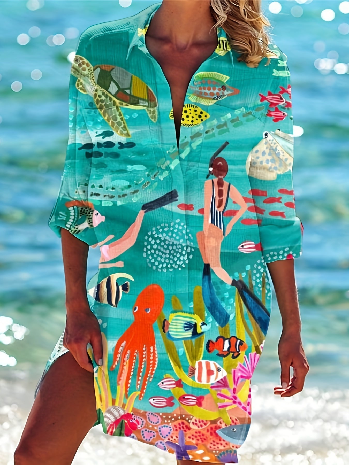  Fish Print Button Up Beachwear Dress