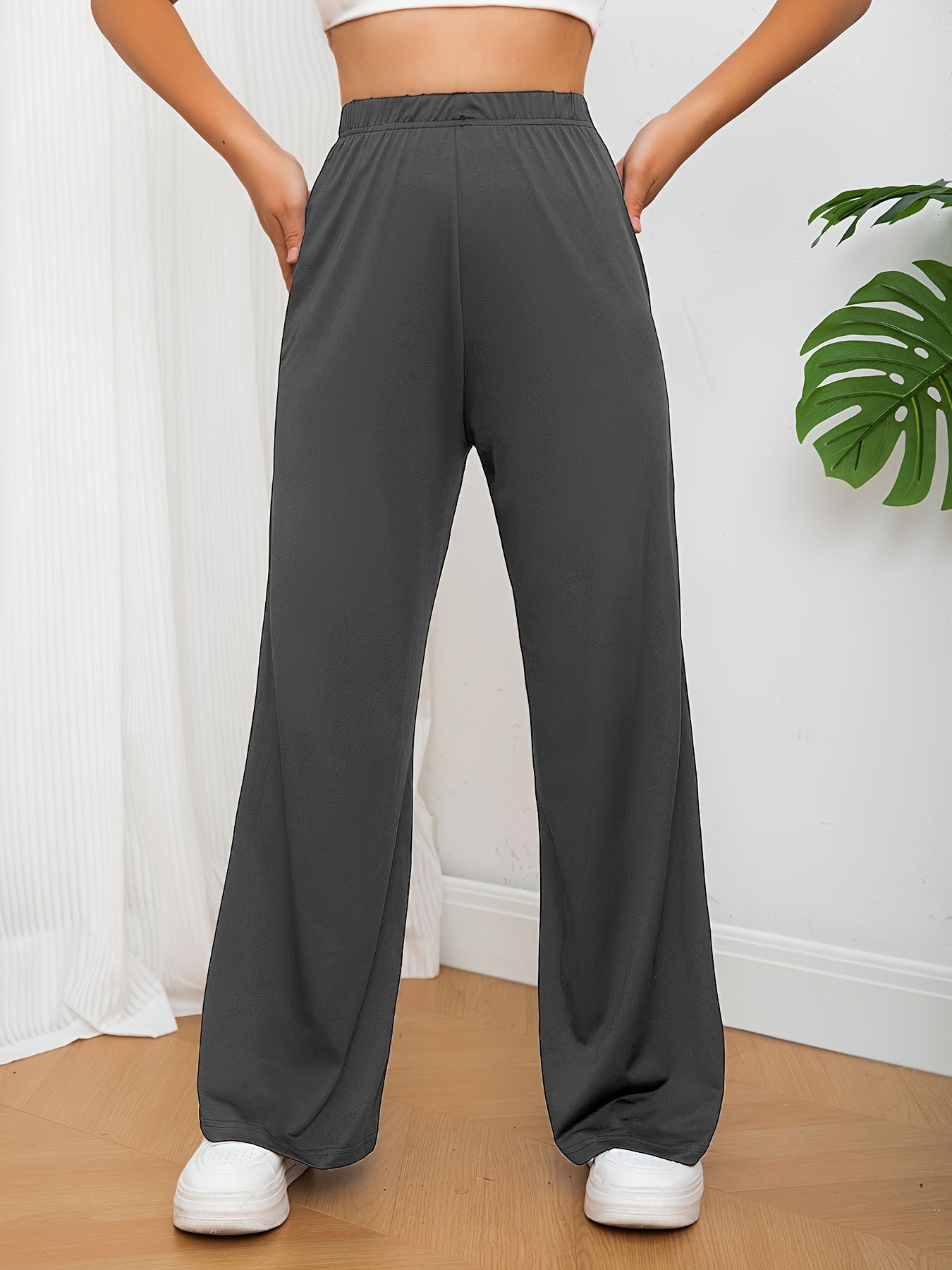  Solid Elastic High Rise Loose Fit Trousers