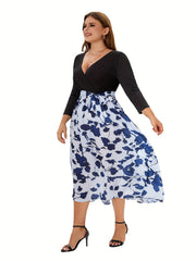 Colorblock Floral Print V Neck Midi Dress