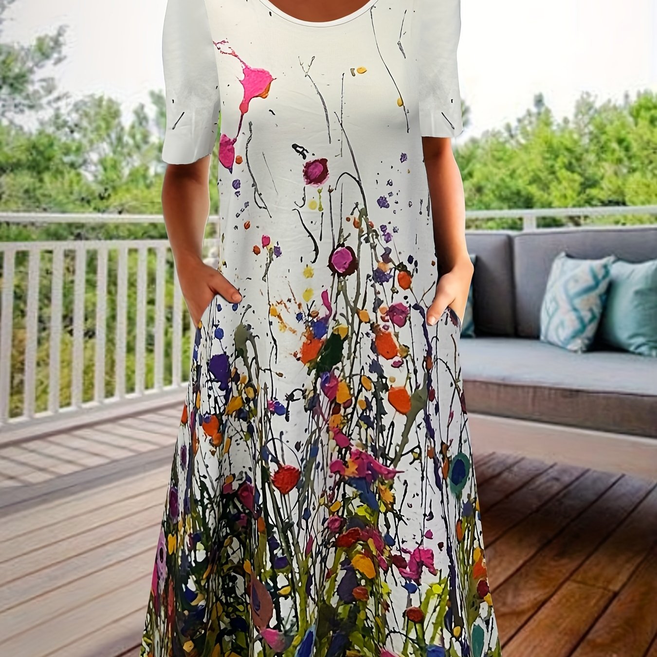 Plus Floral Print Round Neck Dress