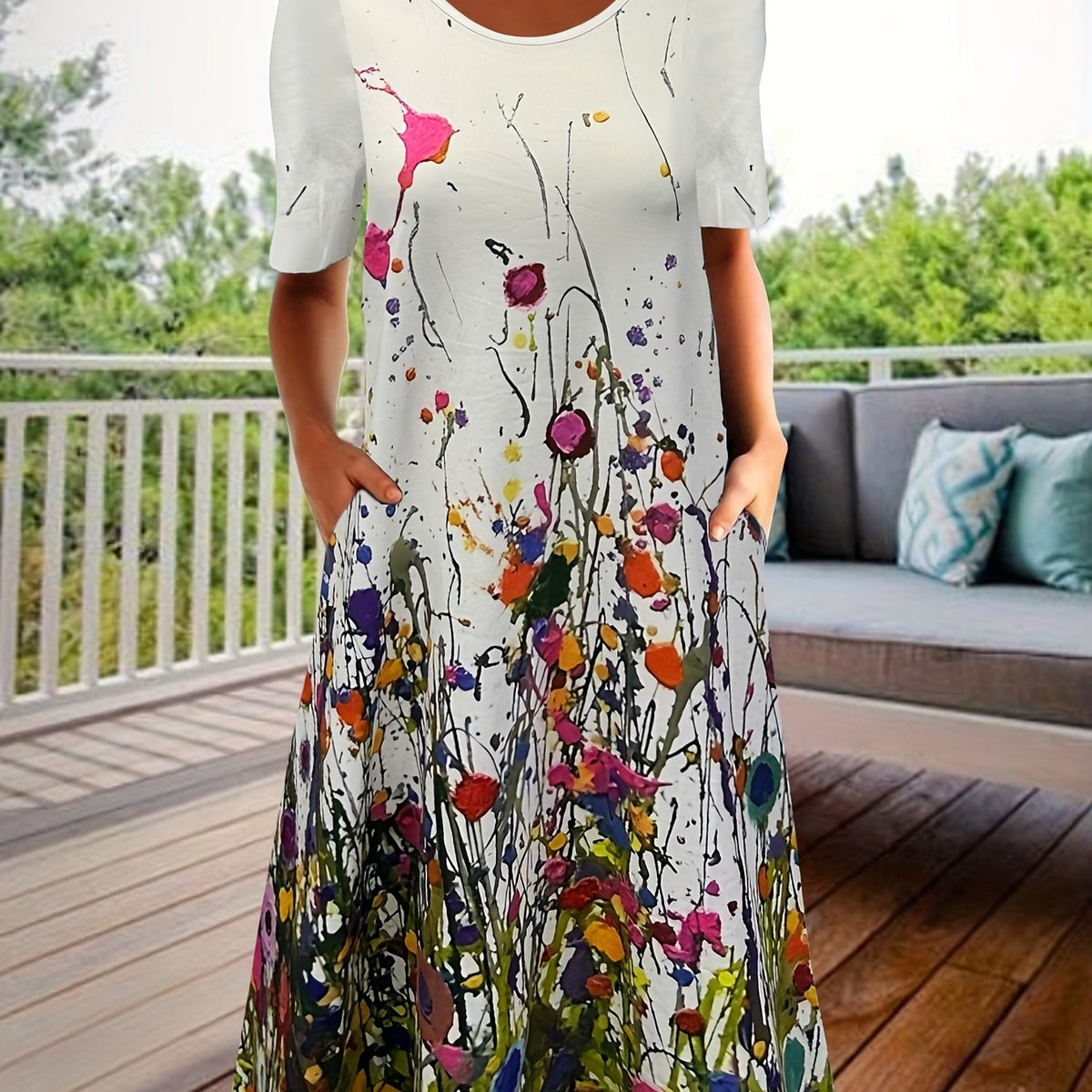 Plus Floral Print Round Neck Dress