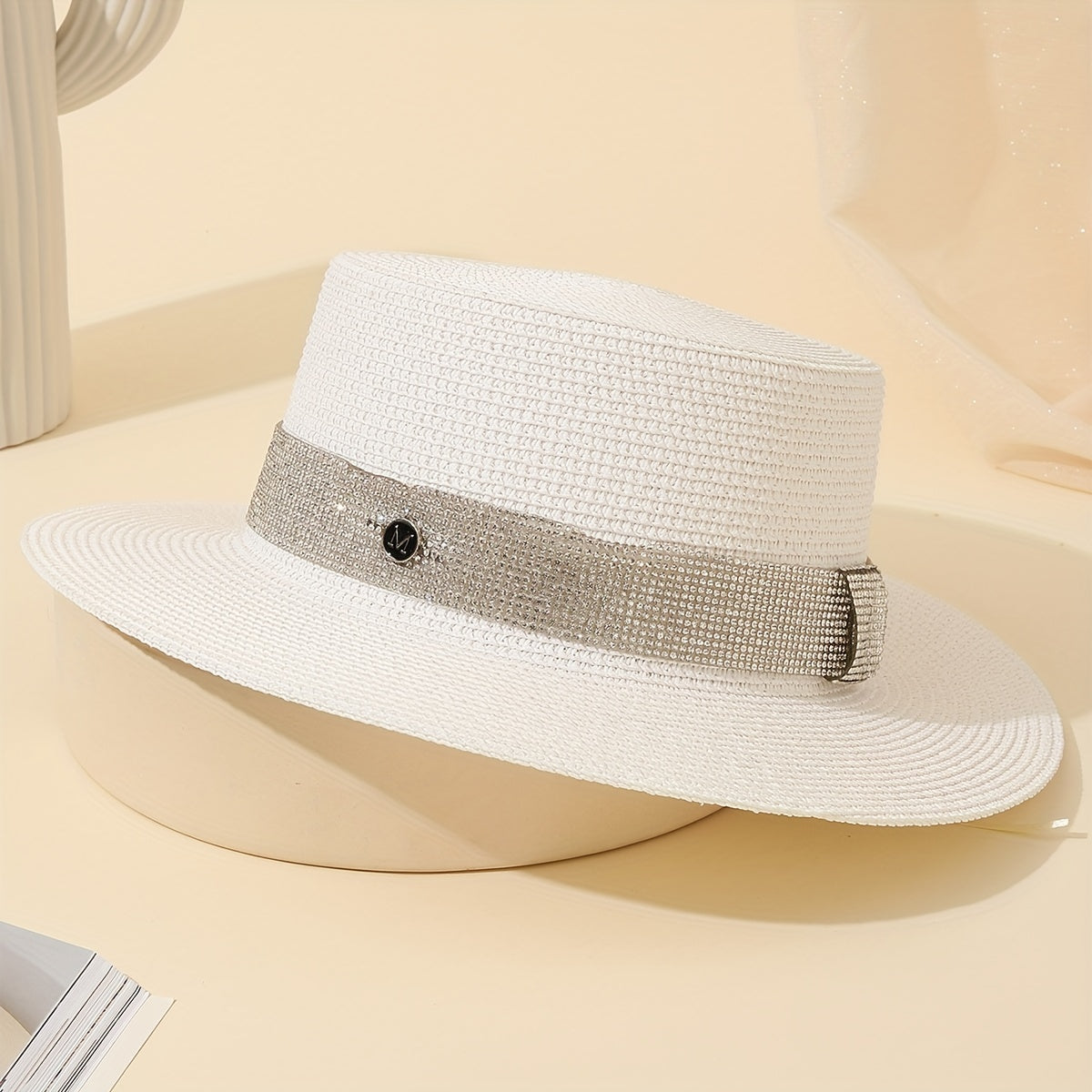 Rhinestone Strap Sun Hat M Label Decor Straw Jazz Hat