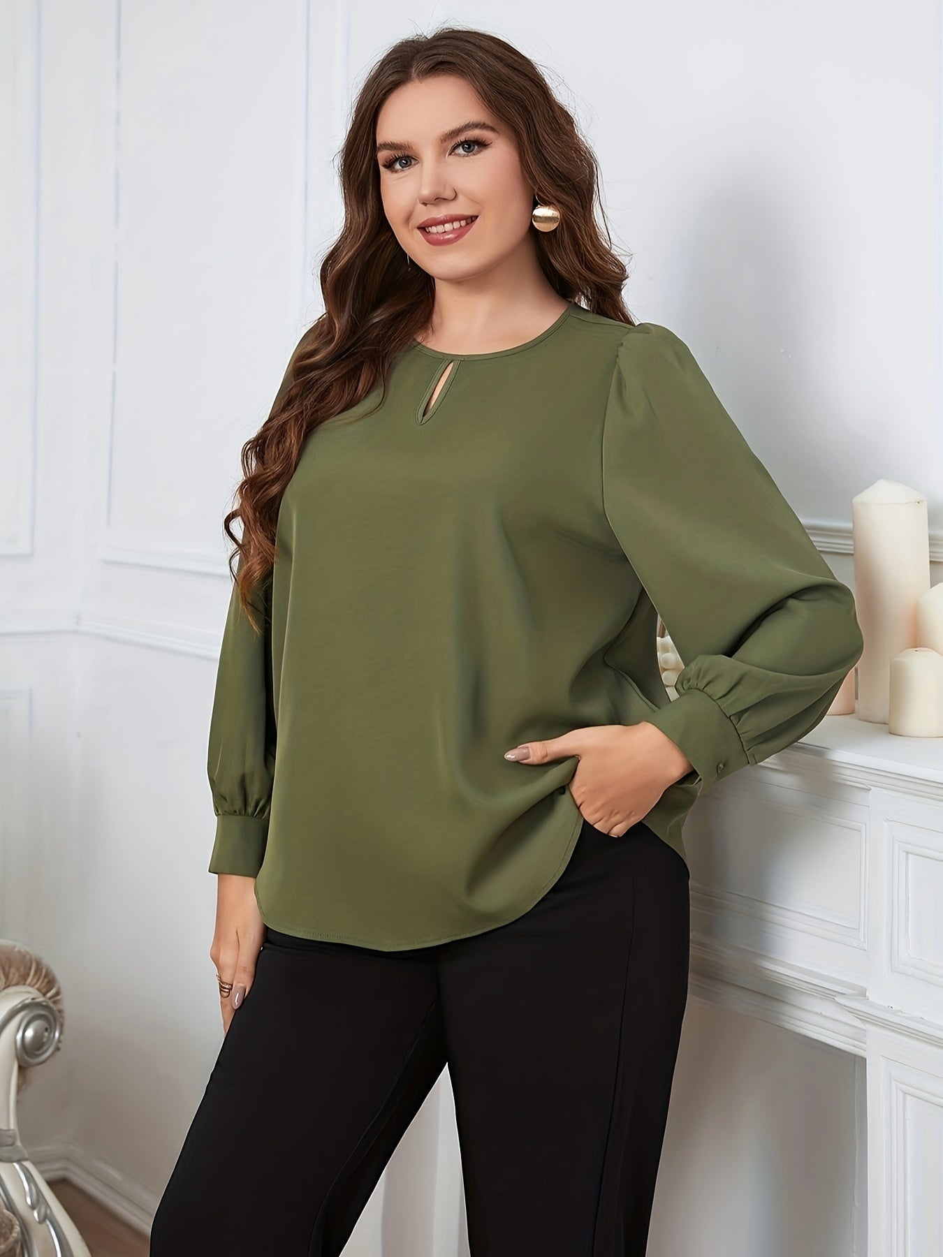  Solid Long Sleeve Keyhole Blouse