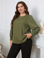  Solid Long Sleeve Keyhole Blouse