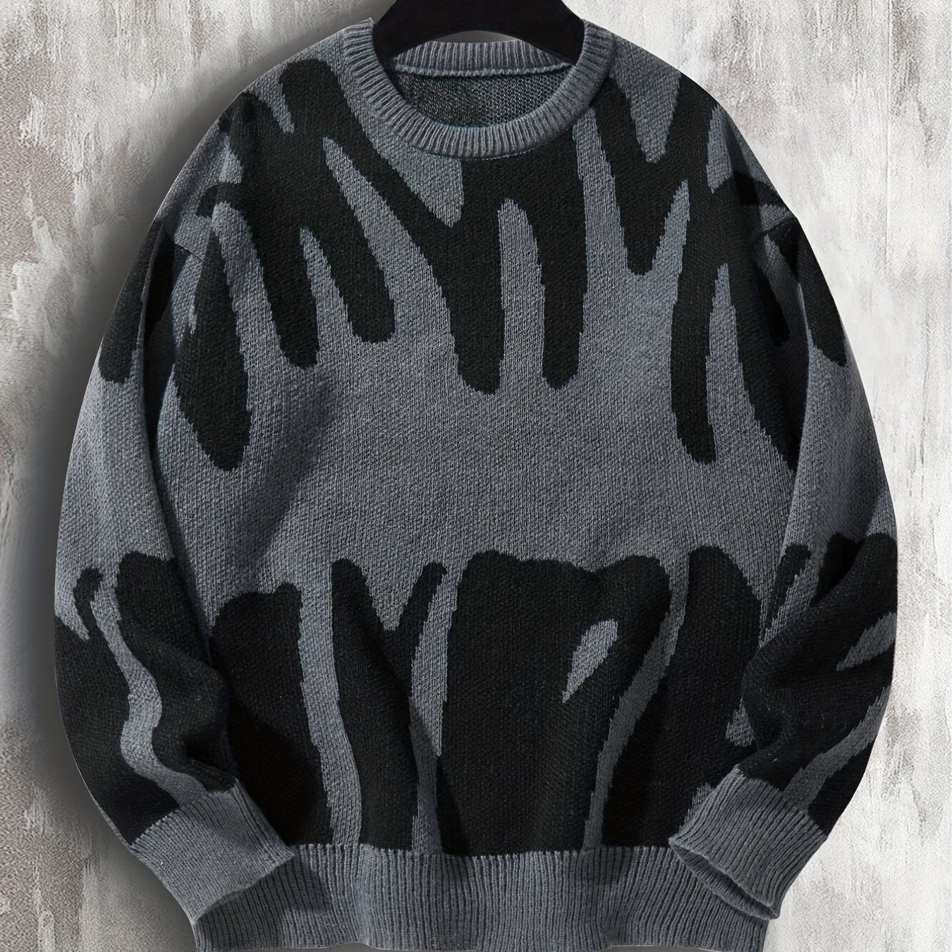Knitted Letter Print Sweater Men's Casual Warm Crew Neck Pullover