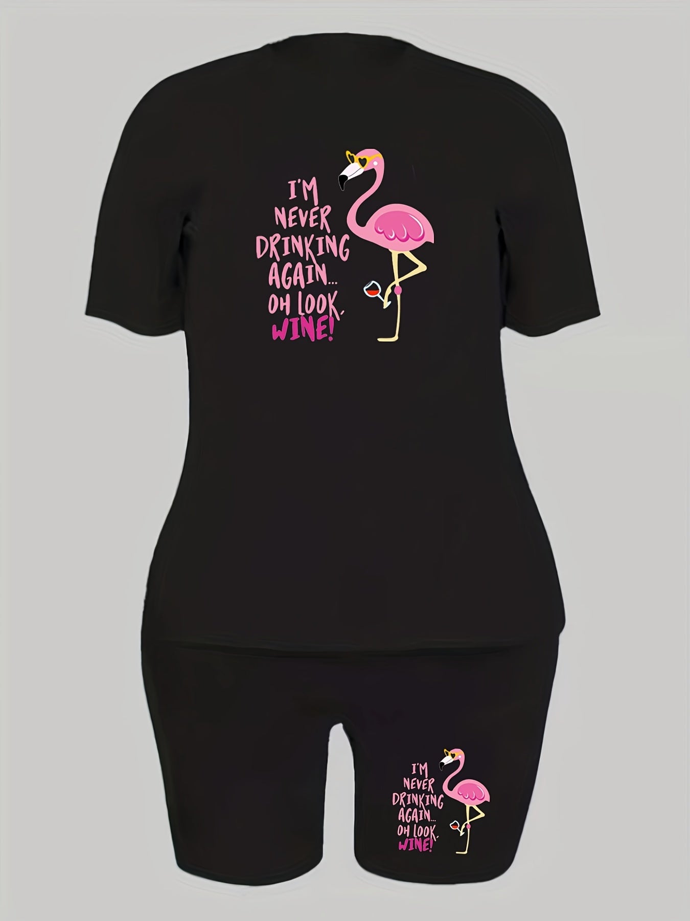  Casual Outfit Set Women's Slogan & Flamingo Print Crop Top & Shorts