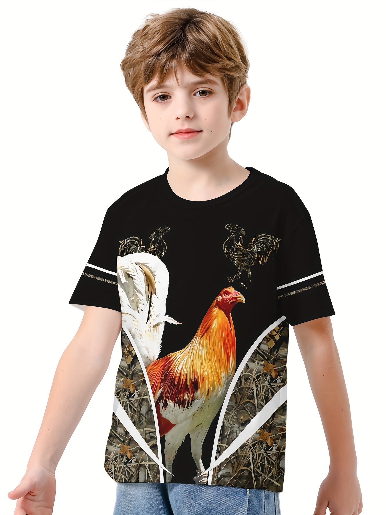 Chicken 3D Print Boys Summer T-shirt Lightweight Round Neck Short Sleeve
