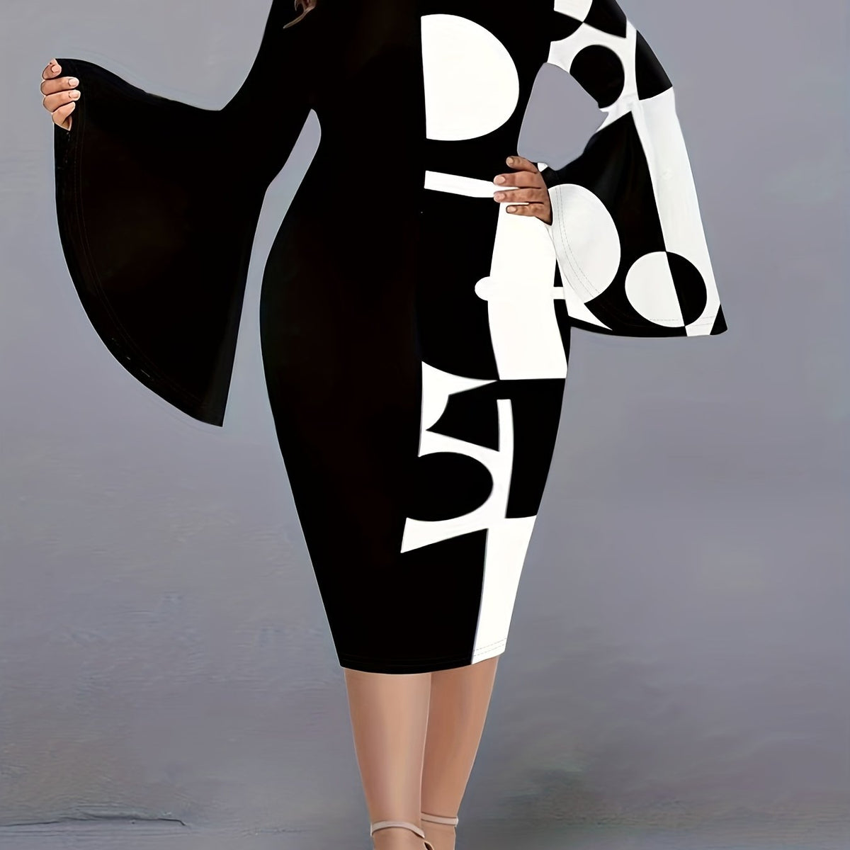 Geometric Print Flared Sleeve Round Neck Bodycon Dress